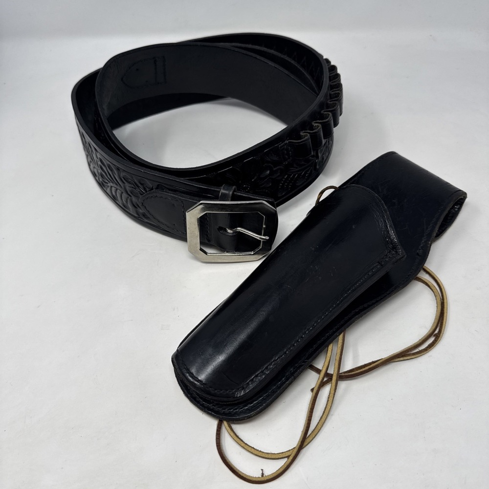 Hunter Hand‎ Carved Revolver Cartridge Belt w/Bucheimer Holster Black Sz Lg LH